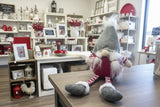 New Retails $30+ 12 inch Weighted plush Round Belly sitting girl gnome with knit, wool and faux fur detailed boots, mitts & hat in red white & grey