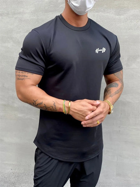 New Men's Slim Show Muscle Round Hem Cotton Spring Summer Solid Color Training Slim Sports Short Sleeve T-Shirt Sz XL Black Retails $36+