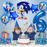 New 7 Piece Anime Birthday Party Supplies for Boys 6th Birthday Decoration, Hedgehog Theme Ballooon Set Party Birthday Balloons 32" Number 6 Helium Balloons for Kids Party Favour