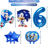 New 7 Piece Anime Birthday Party Supplies for Boys 6th Birthday Decoration, Hedgehog Theme Ballooon Set Party Birthday Balloons 32" Number 6 Helium Balloons for Kids Party Favour