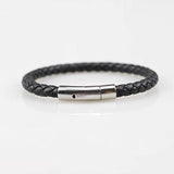 New Stainless Steel Snap Clasp Leather Bracelet for Men 19cm/ Black Ours is solid black