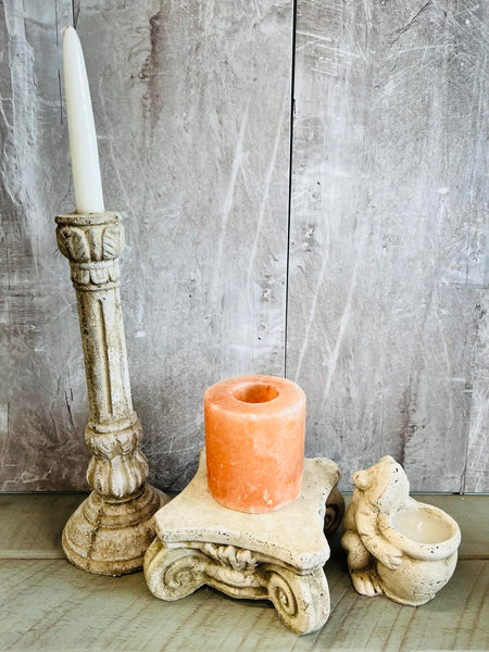 3 Piece Stone Like Decor! Includes Pillar candle holder w/candle, frog shaped candle holder & riser with himalayan salt votive holder!