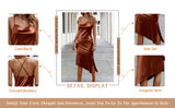 New Sucrefas Women's Spaghetti Strap Dress Satin Sleeveless Cowl Neck Slit Cocktail Midi Dress, colour is Rust Sz XL, slim fit, fits M-L
