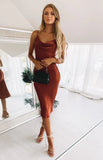 New Sucrefas Women's Spaghetti Strap Dress Satin Sleeveless Cowl Neck Slit Cocktail Midi Dress, colour is Rust Sz XL, slim fit, fits M-L
