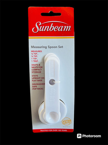 New Sunbeam 4 Piece measuring spoon set! Snaps & nests for compact storage, stays upright on flat base