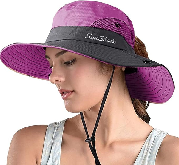 New Women's Ponytail Safari Sun Hat,Wide Brim UV Protection Outdoor Bucket Hat,Foldable Beach Summer Fishing Hat, one size, Purple
