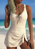 New Retails $63+ Bowknot Jacquard Beige One Piece Swimdress Sz L