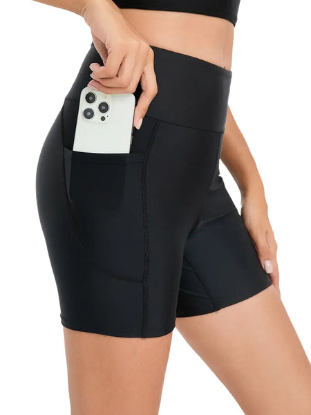 New Women's High-Waist Stretchy Swim Shorts with Side Pockets - Black, Quick-Dry, High-Elasticity Nylon Blend for Beach & Pool Activities Black, Sz XL