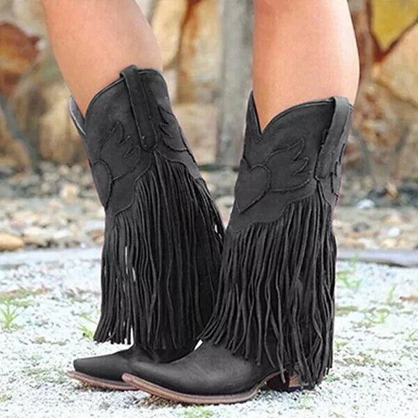 New Women Tassel Leather Pointed Toe Low Heel Cowboy Boots Black Sz 10