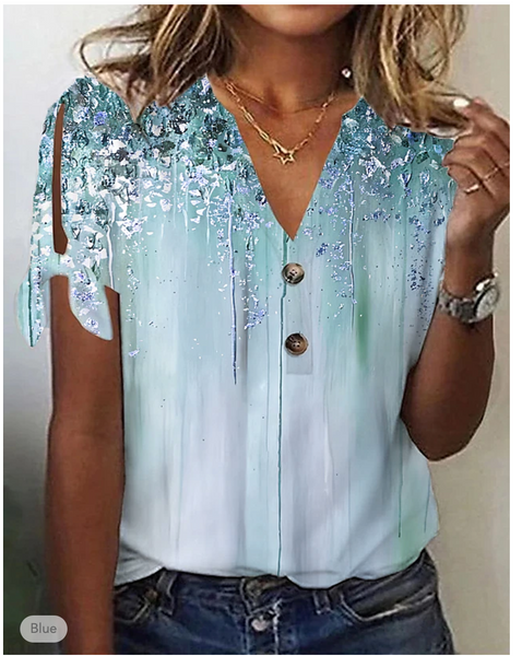 NEW Women's T-shirt Tee Graphic Daily Weekend Button Cut Out Print Short Sleeve Basic V Neck - Size 5XL Blue