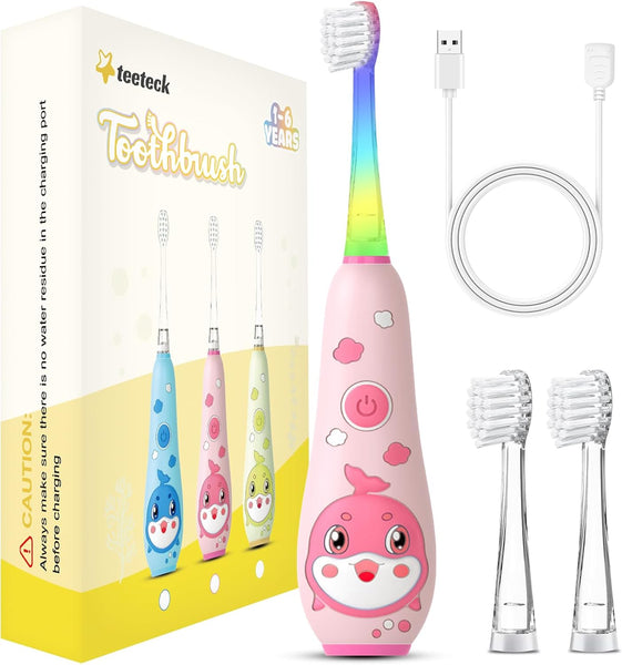New Teeteck Electric Toothbrush for Kids - Sonic Toothbrush for Babies Aged 1-6 with Rainbow LED Light, Includes 2 Brush Heads, Magnetic USB Charging Cable, IPX7 Waterproof, PINK