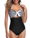 New Sz Large Tempt Me Women Sexy Cutout One Piece Swimsuits Tummy Control High Waisted Halter Front Tie Knot Bathing Suit, Black Striped