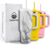 New in box! Thermosis 40 oz Tumbler with Handle and Straw | Coffee Tumbler with Lid and Straw | Water Bottle that Fits in Cup Holder Insulated Tumbler - White Marble