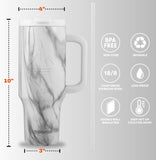 New in box! Thermosis 40 oz Tumbler with Handle and Straw | Coffee Tumbler with Lid and Straw | Water Bottle that Fits in Cup Holder Insulated Tumbler - White Marble