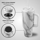 New in box! Thermosis 40 oz Tumbler with Handle and Straw | Coffee Tumbler with Lid and Straw | Water Bottle that Fits in Cup Holder Insulated Tumbler - White Marble