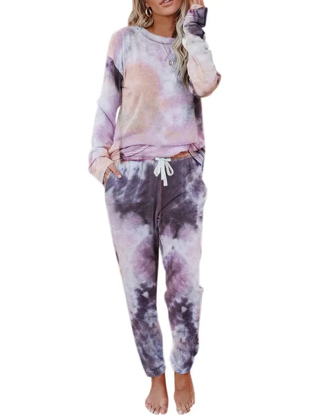 New Casual Tie Dye Two-piece Set, Drop Shoulder Long Sleeve Tops & Drawstring Long Length Pant sz L