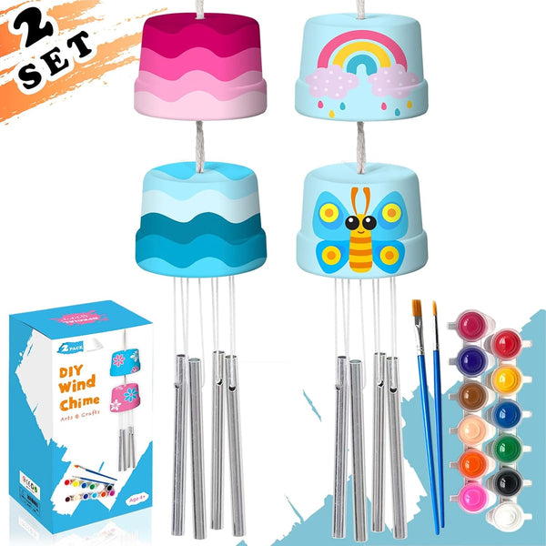 New TISTON 2 Pack Wind Chime Kits for Kids Crafts, Toddlers DIY Wooden Craft Painting Arts Kits, Includes Paints & Brushes, Birthday Holiday Gifts Include Color Box