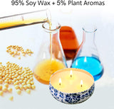 New Retails $84+ Topsics Large Citronella Candles for Indoor/Outdoor, 3 Pack, 14 oz, 3 Wick Soy Wax Candles, 80 Hours Burn Time Each! Re-use tins for plants or storage! White/Blue Floral