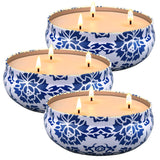 New Retails $84+ Topsics Large Citronella Candles for Indoor/Outdoor, 3 Pack, 14 oz, 3 Wick Soy Wax Candles, 80 Hours Burn Time Each! Re-use tins for plants or storage! White/Blue Floral