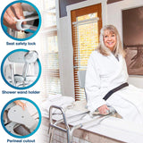 New in box! DMI Heavy-duty Sliding Transfer Bench Shower Chair With Cut-out Seat and Adjustable Legs, Gray Retails $180+