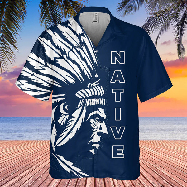 New Tribe Design Native American Hawaiian Shirt 3D Navy Sz L! Retails $48+
