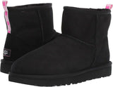 New UGG Women's Classic Mini II Graphic Logo Boots Black, Sz 7! NOTE: Inner side of right boot 2" stitch has come apart by sole of boot may be able to glue together!