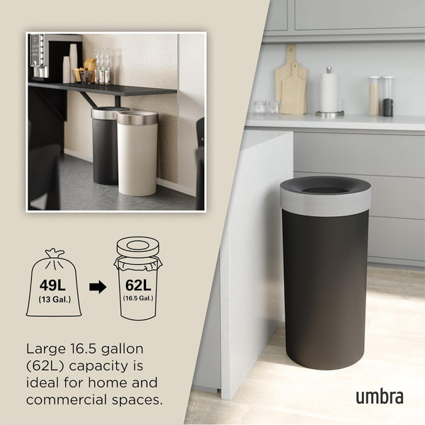 New Umbra 1013048-047-REM Vento 16.5-Gallon Open Top Kitchen Trash Large, 30-Inch Tall Garbage Can For Indoor, Or Commercial Use, Black/Nickel, BLACK