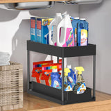 Black Under Sink Organizers and Storage - Adjustable Height Sliding 2-Tier Pull Out Drawer Rack Multi-Purpose Under Sink Shelf Organizer for Kitchen Bathroom Under Counter Cabinet Storage