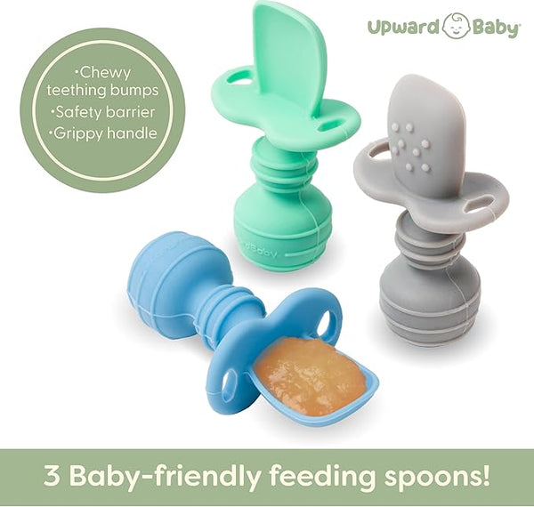 New Upward Baby Spoons 3 Pack - Baby Spoons Self Feeding 6 Months - Chewable Toddler Utensils with Anti Choke Barrier - Silicone Baby Spoons - Baby Utensils & Baby Feeding Supplies Infant First Stage