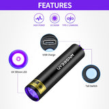 New UV Flashlight Rechargeable 395nm Black Light for Pet Urine Detection, USB - C Portable Blacklight Mini Powerful Woods Lamp LED Ultra Violet Flashlights uv for Resin Curing, Leak Detection, Travel