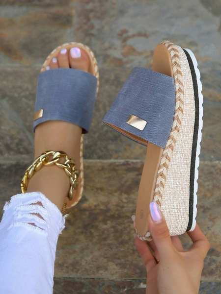 New Women Metal Decor Single Band Design Wedge Sandals, Vacation Baby Blue Sandals Sz 9