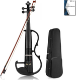 New Vangoa Silent Electric Solid Wood Metallic Black Violin Full Size 4/4, Ebony Fittings, Beginner Kit for Adults Teens, includes manual & hard case