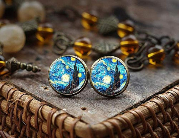 New Van Gogh Stud Earrings Women Glass Cabochon Earrings Starry Night