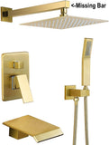 New RETAIL $320+ Waterfall Tub and Shower Faucet with Handheld 10 inches Rain Shower Fixtures Rough-in Valve Included Brass Shower System Brushed Gold NOTE: Missing Bar, could replace or hang from ceiling