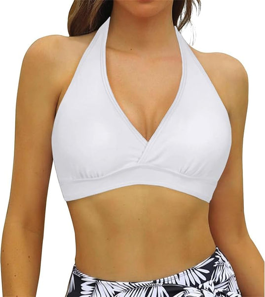 New Women Full Coverage Halter tie neck Bikini Top, White, Sz L