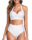 New Two Piece Halter Highwaist Bikini Adjustable Straps Bathing Suit-White Sz S