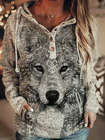 New Wolf Print Button Up Drawstring Hoodie, Casual Long Sleeve Hooded Sweatshirt, Women's Clothing Fits like a Small