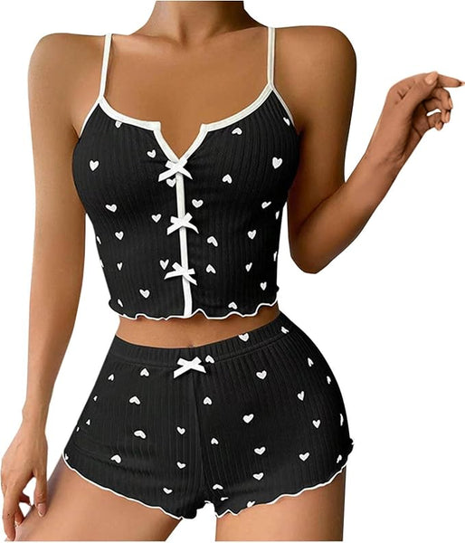 New Women Sexy Pajamas Cute Printed Crop Cami Top Shorts Pj Set Y2K Bow Front Strappy Sleepwear Lounge Outfits Sz M