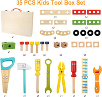 New in box! Aomola 35 Piece Tool Kit for Kids Wooden Tool Box Set with Colorful Tools Pretend Play Toys Gifts for Toddlers Boys Girls Educational Construction Toy