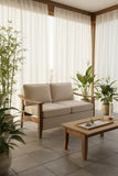 Retails $899+ New Indoor Eucalyptus Wood Love seat, Beige Cushions, Wood & Metal Frame