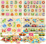 New Wooden Peg Puzzles for Toddlers-Alphabet Number Shape Vehicles Animals Learning Puzzles Board Toys for Kids Ages 3 4 5 6, Preschool Educational Gifts for Boys Girls(Set of 4) Retails $28+