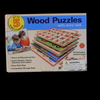 Set of 5 Wood pUzzles with wire rack! Pegs make it easy to pick up the puzzle pieces