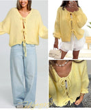 Wyeysyt Womens Tie Front Bow Cardigan Sweaters Oversized Chunky Knit Cardigan Long Sleeve Open Front Loose Knitwears Bow Top Yellow Sz M