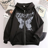 New Women Y2k Zip Up Butterfly Graphic Hoodie Sweatshirt Black, Fits like a Large!