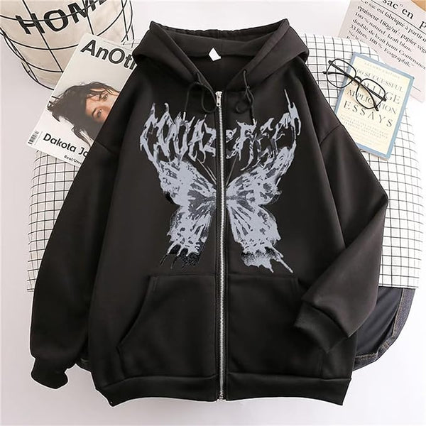 New Women Y2k Zip Up Butterfly Graphic Hoodie Sweatshirt Black, Fits like a Large!