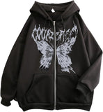 New Women Y2k Zip Up Butterfly Graphic Hoodie Sweatshirt Black, Fits like a Large!