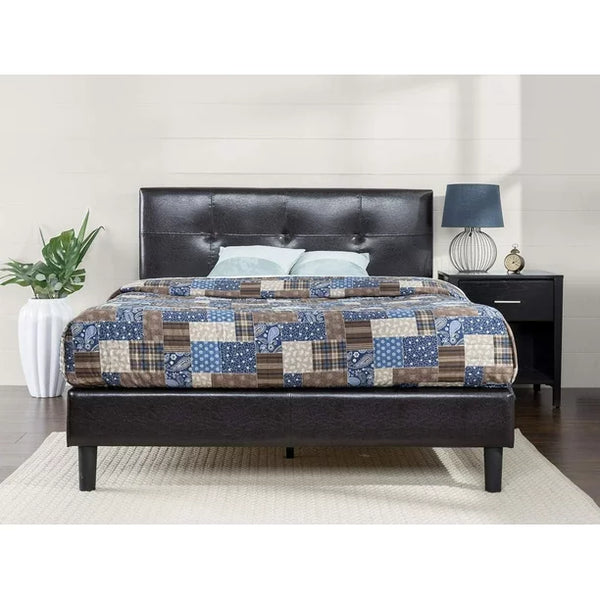 New in box! FULL/DOUBLE Zinus Kitch Espresso Faux Leather Detail-Stitched Upholstered Platform Bed Frame! NOTE: Has small rip in seam lower right back of headboard, could patch, not visible upon installation! Retails $340+