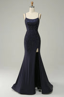 NEW Navy Strapless Sweetheart Beaded Prom Dress with Split, Sz 2, Retails $189