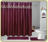 Veatch Embroidery 18 Piece Elegant Bath Rug Set! Burgundy Floral! Includes 1 shower curtain, 12 fabric covered hooks, 1 bath mat, 1 contour mat and 3 towels