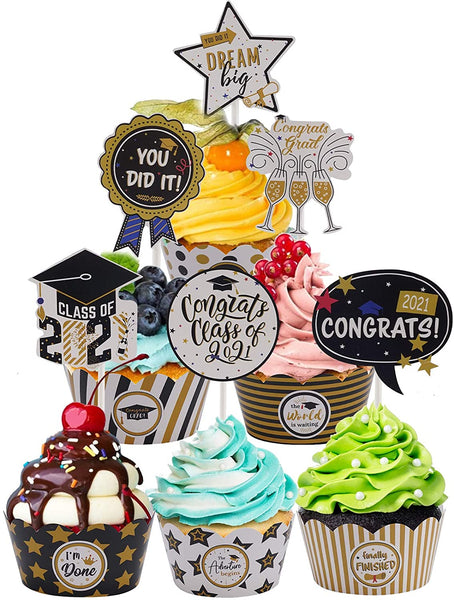 48 PCS 2021 Graduation Cupcake Toppers Wrappers - Class Of 2021 Congrats Grad Party Supplies Cake Decorations